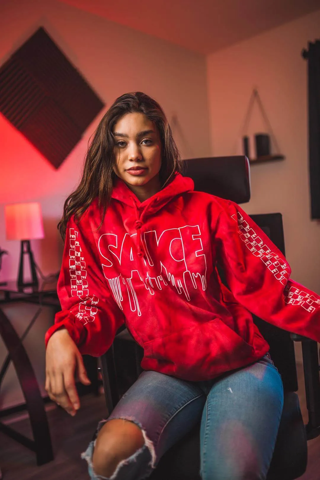 White Outline Sauce | RedMill Hoodie (Outline Checkered Drippin Sleeve)