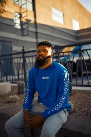 White SA Outline | Blue Long Sleeve Tee (Outline Checkered Drippin Sleeve)