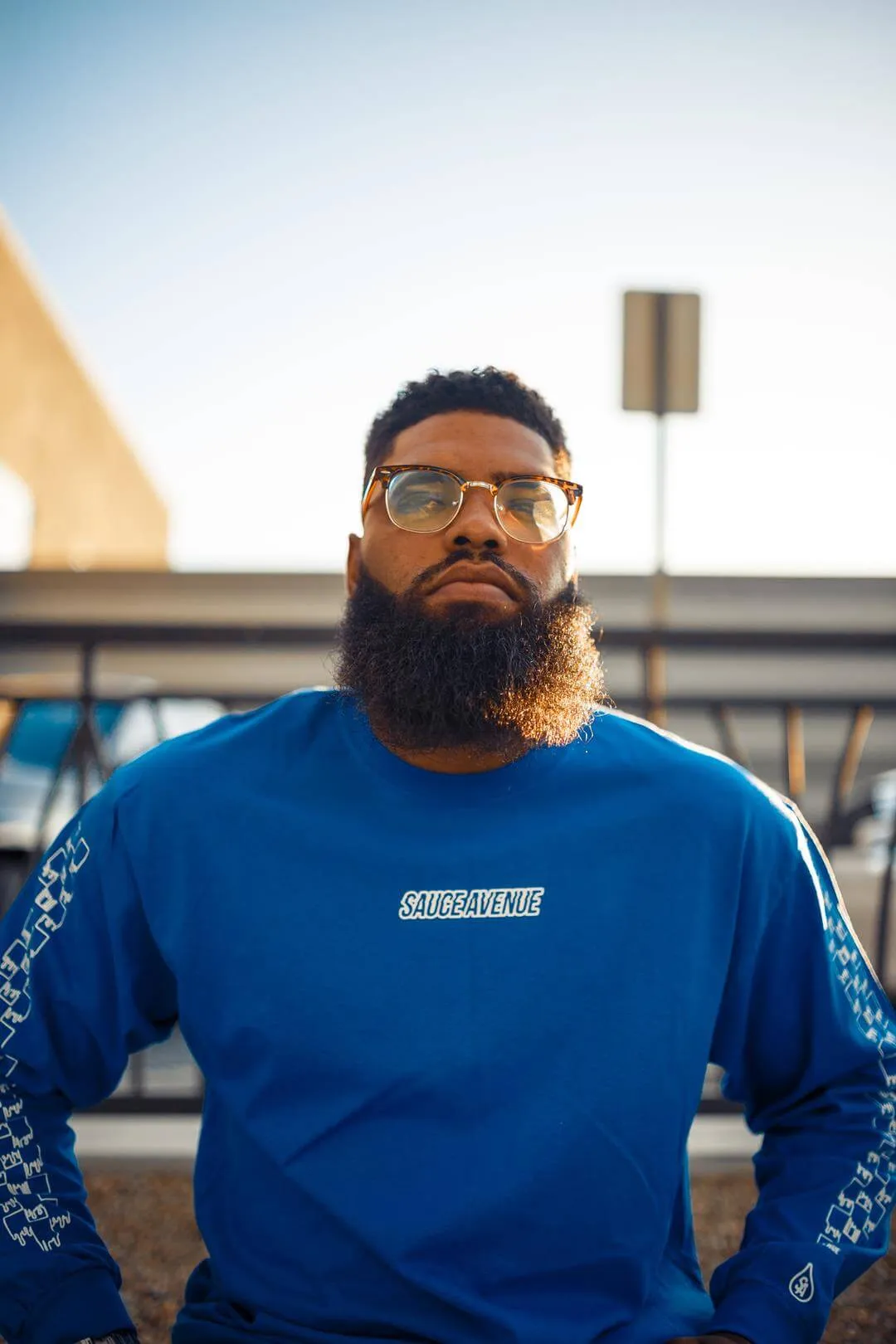 White SA Outline | Blue Long Sleeve Tee (Outline Checkered Drippin Sleeve)