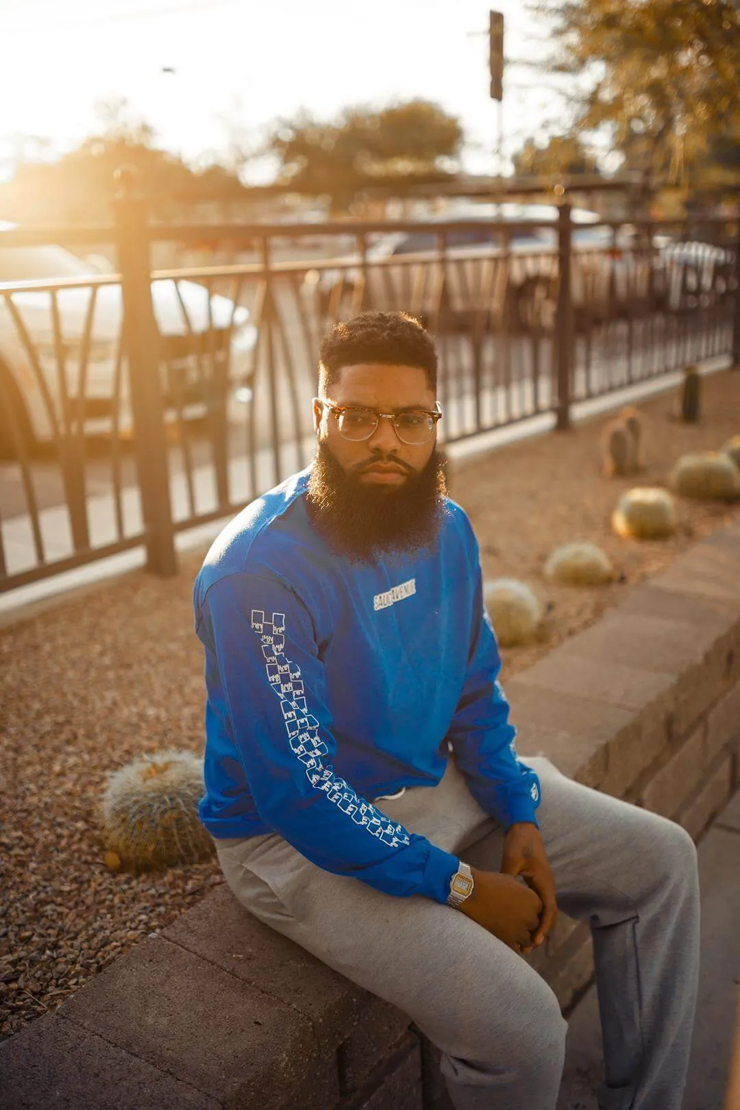 White SA Outline | Blue Long Sleeve Tee (Outline Checkered Drippin Sleeve)