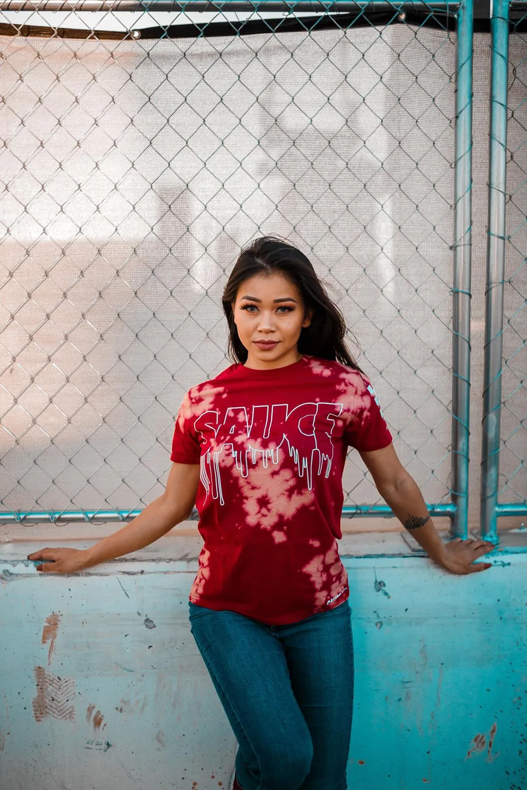 White Sauce Outline | Red Bleach Out Tee (Solid Checkered Drippin Sleeve)
