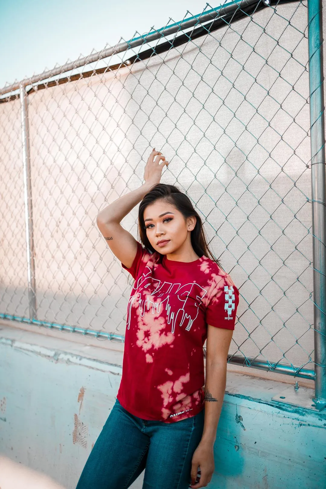 White Sauce Outline | Red Bleach Out Tee (Solid Checkered Drippin Sleeve)