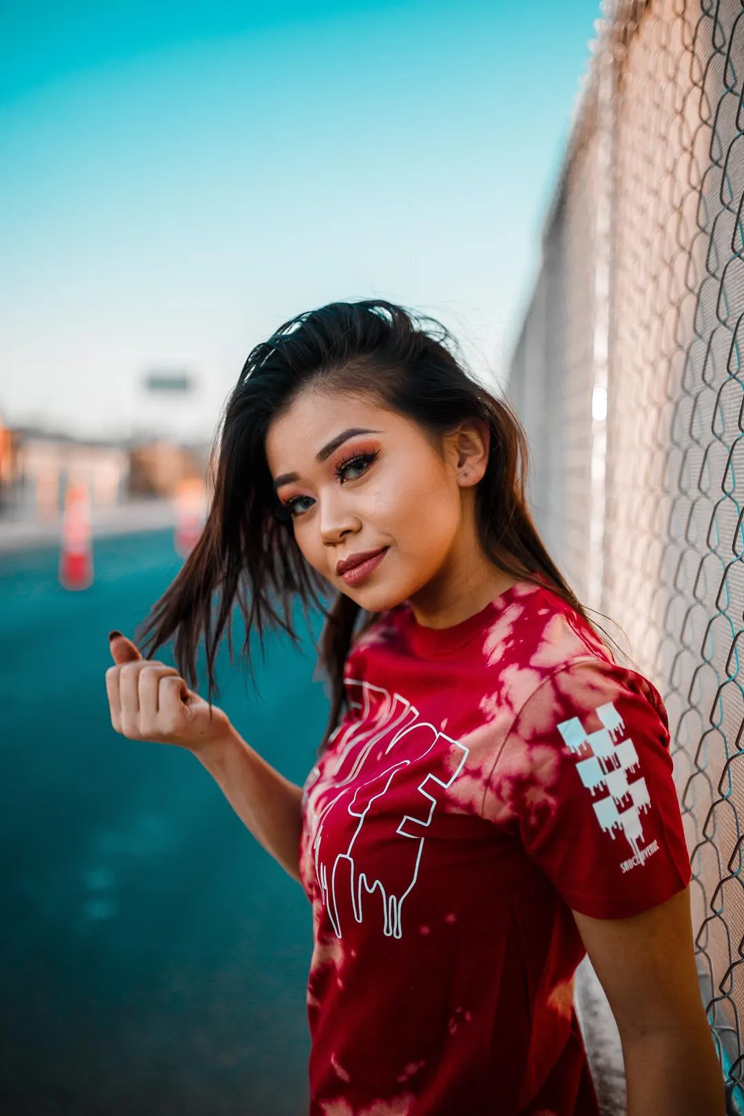White Sauce Outline | Red Bleach Out Tee (Solid Checkered Drippin Sleeve)