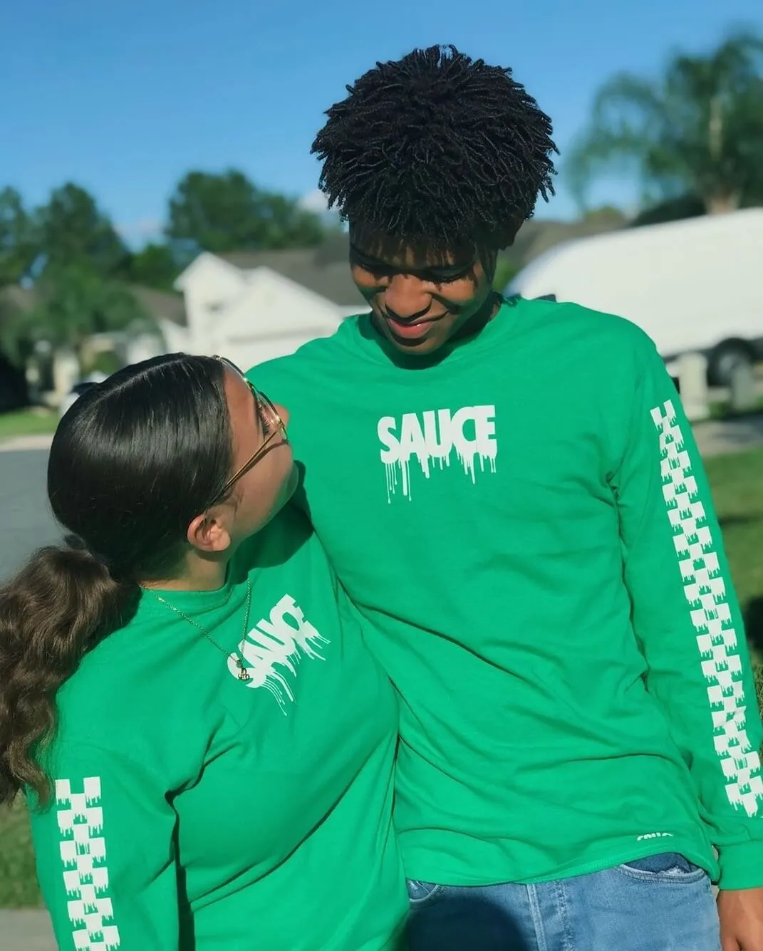 White Sauce (S) | Green Long Sleeve Tee (Solid Checkered Drippin Sleeve)