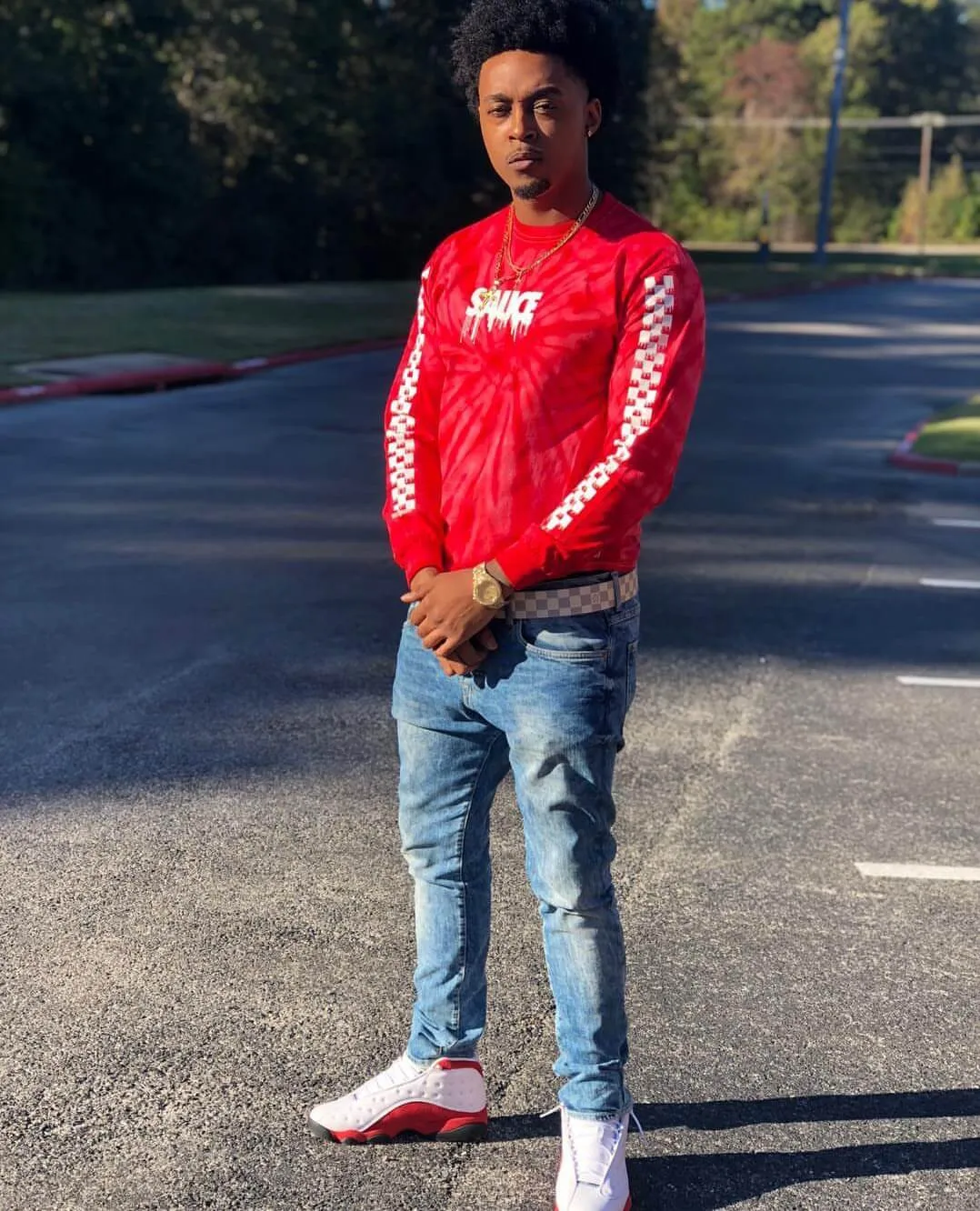 White Sauce (S) | RedMill Long Sleeve Tee (Solid Checkered Drippin Sleeves)