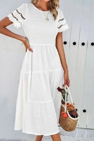White Smocking Detailed Dress