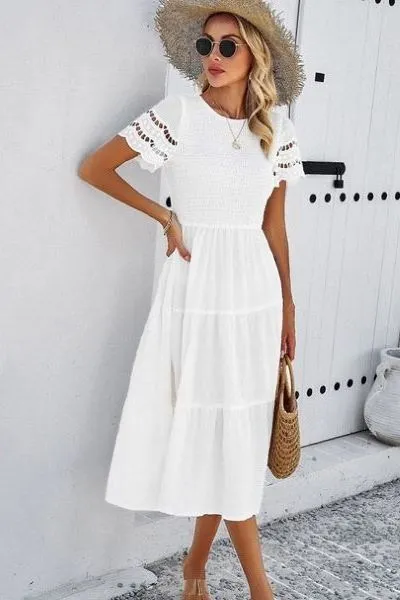 White Smocking Detailed Dress