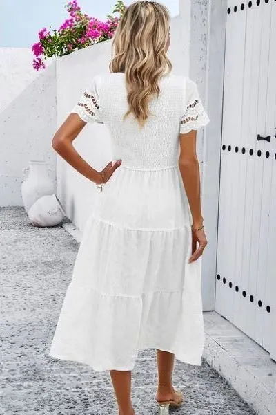 White Smocking Detailed Dress