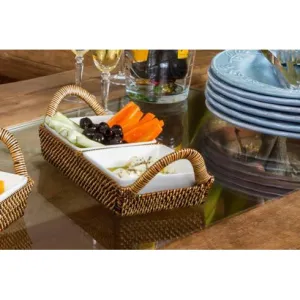 Wicker Rectangular Tray with White Porcelain Dish