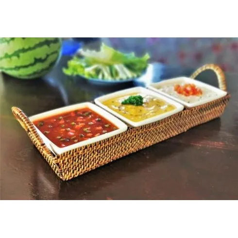 Wicker Rectangular Tray with White Porcelain Dish