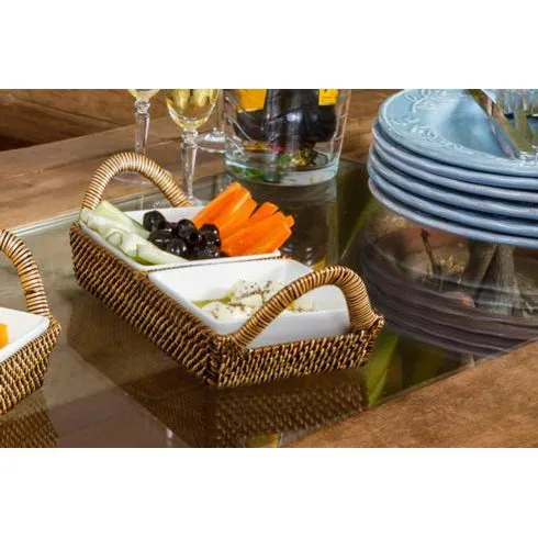 Wicker Rectangular Tray with White Porcelain Dish