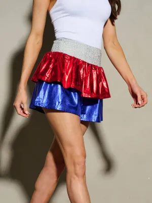 WOMEN'S ELASTIC WAIST RUFFLE TIERED COLORBLOCK SHORTS