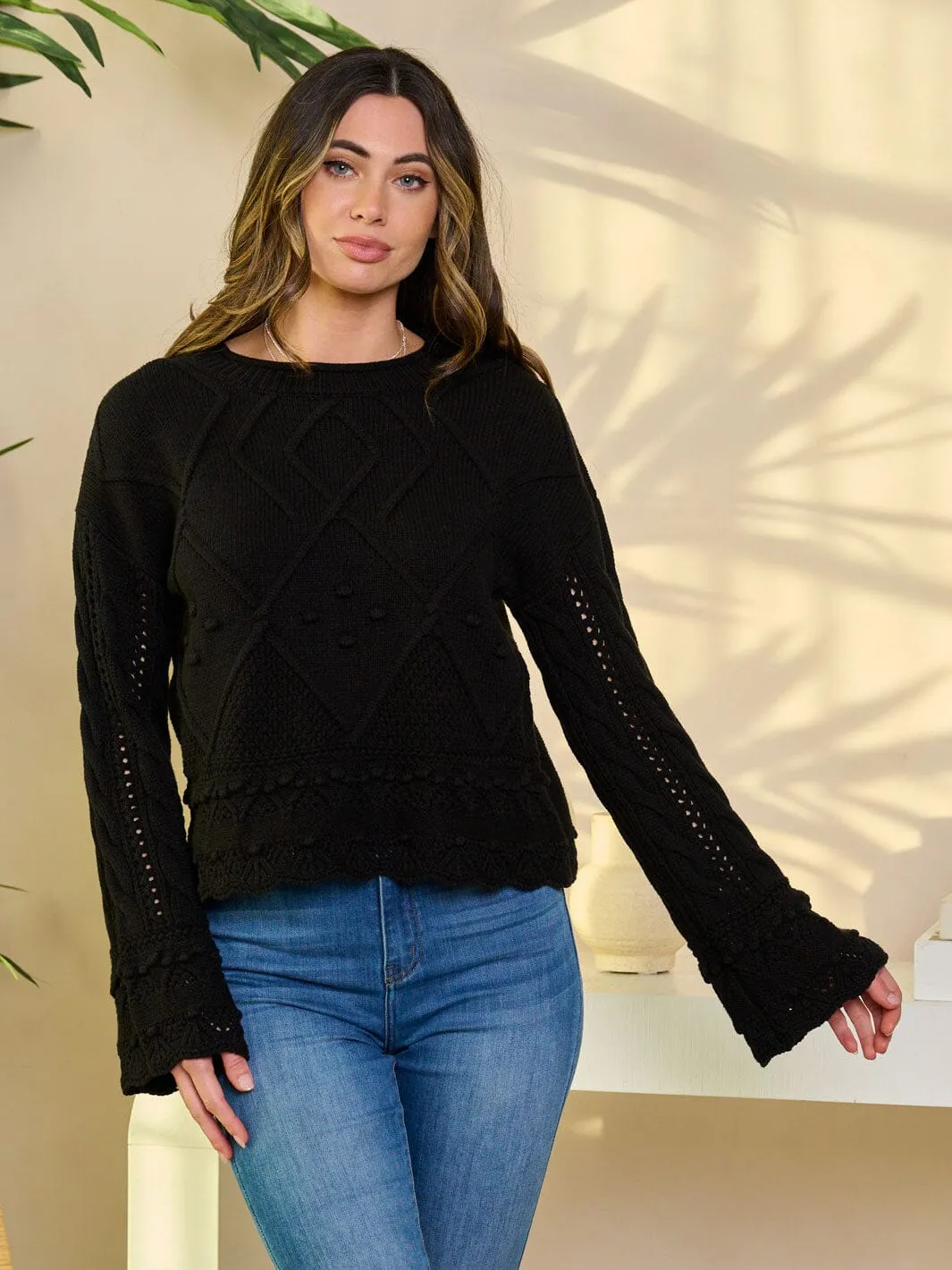 WOMEN'S LONG BELL SLEEVE KNIT DETAILED TOP