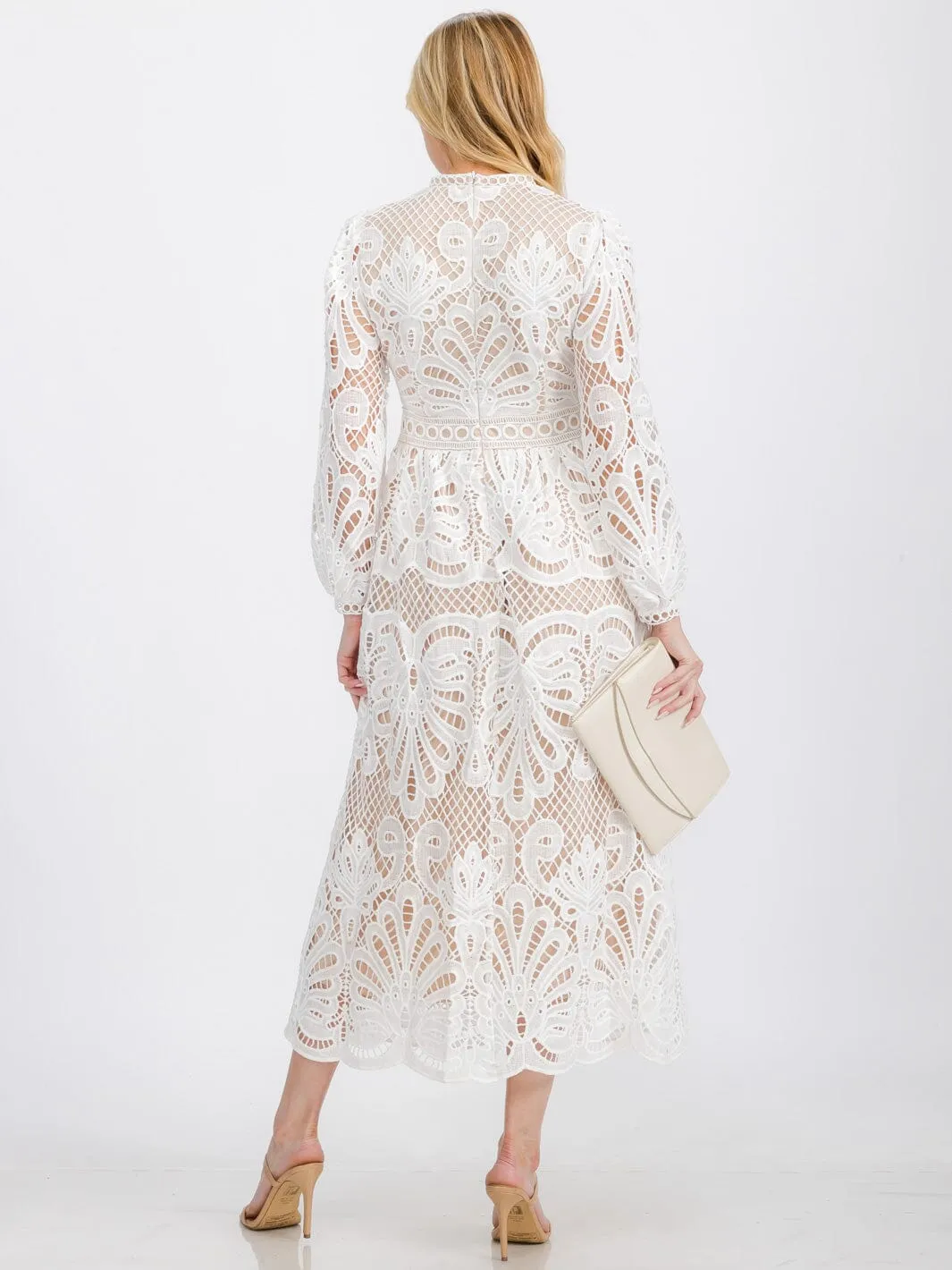 WOMEN'S LONG SLEEVE EYELET DETAILED MAXI DRESS