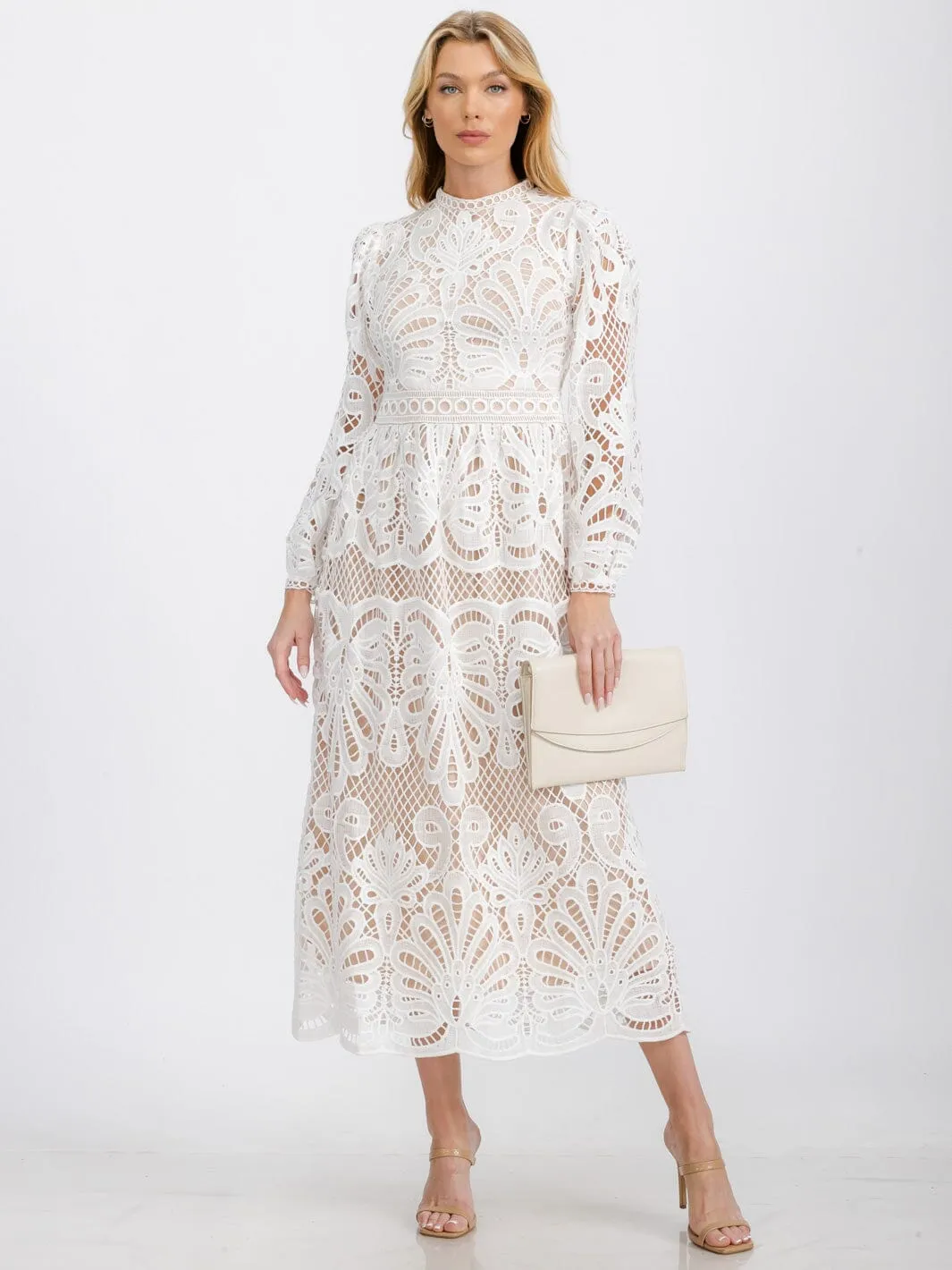 WOMEN'S LONG SLEEVE EYELET DETAILED MAXI DRESS