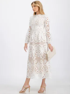 WOMEN'S LONG SLEEVE EYELET DETAILED MAXI DRESS