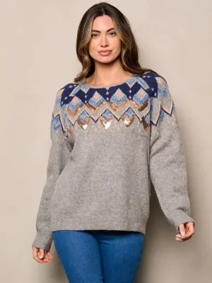 WOMEN'S LONG SLEEVE MULTI SEQUINS SETAILED SWEATER