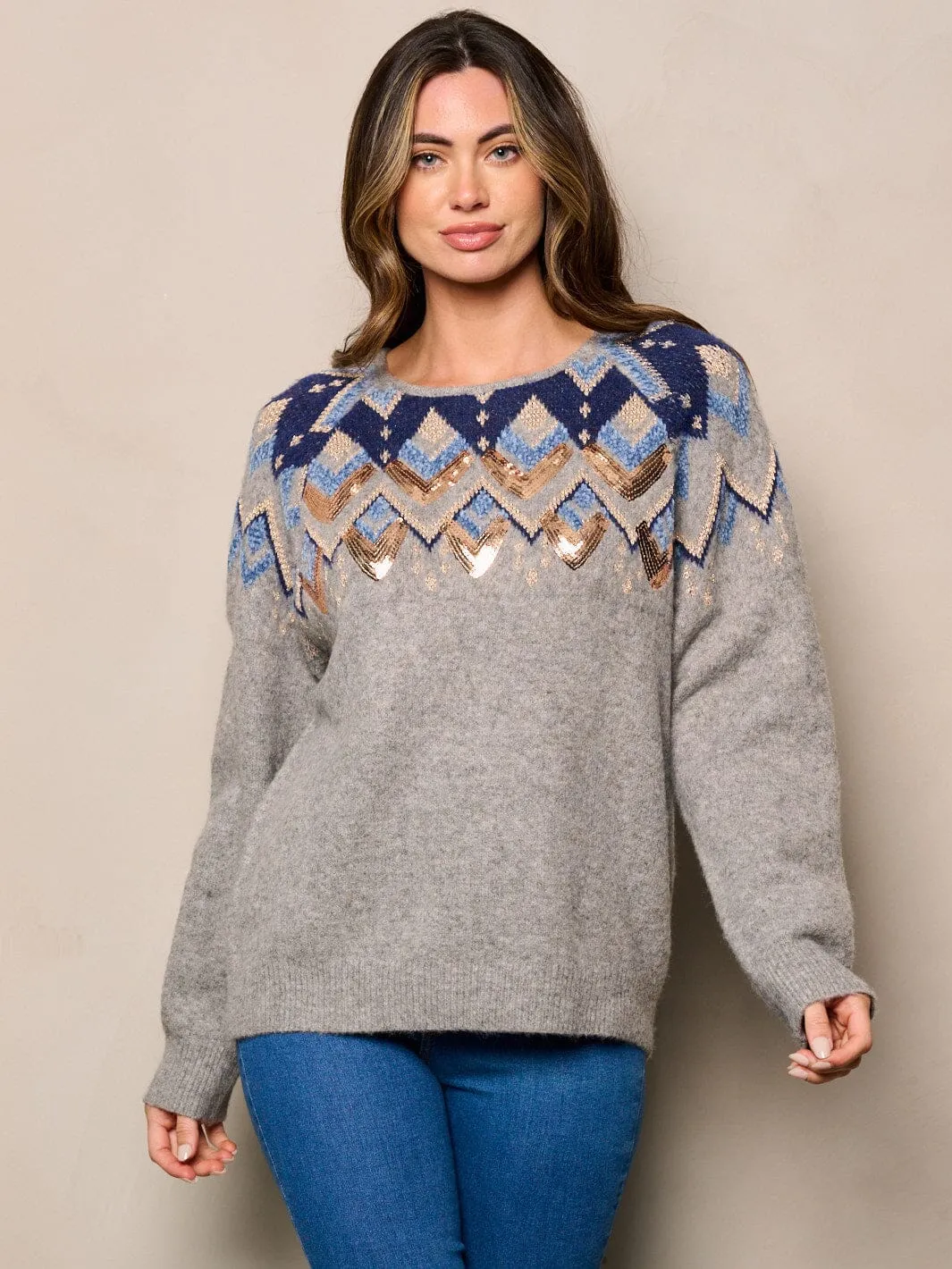WOMEN'S LONG SLEEVE MULTI SEQUINS SETAILED SWEATER