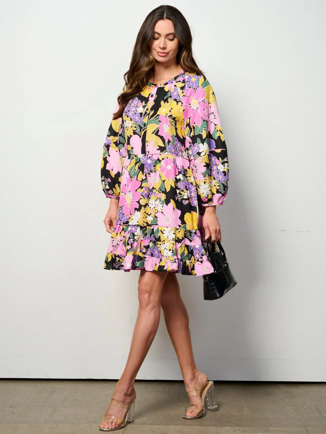 WOMEN'S LONG SLEEVE TUNIC FLOWER MINI DRESS