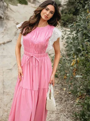 WOMEN'S RUFFLE SLEEVE TRIM DETAILED TIERED MAXI DRESS