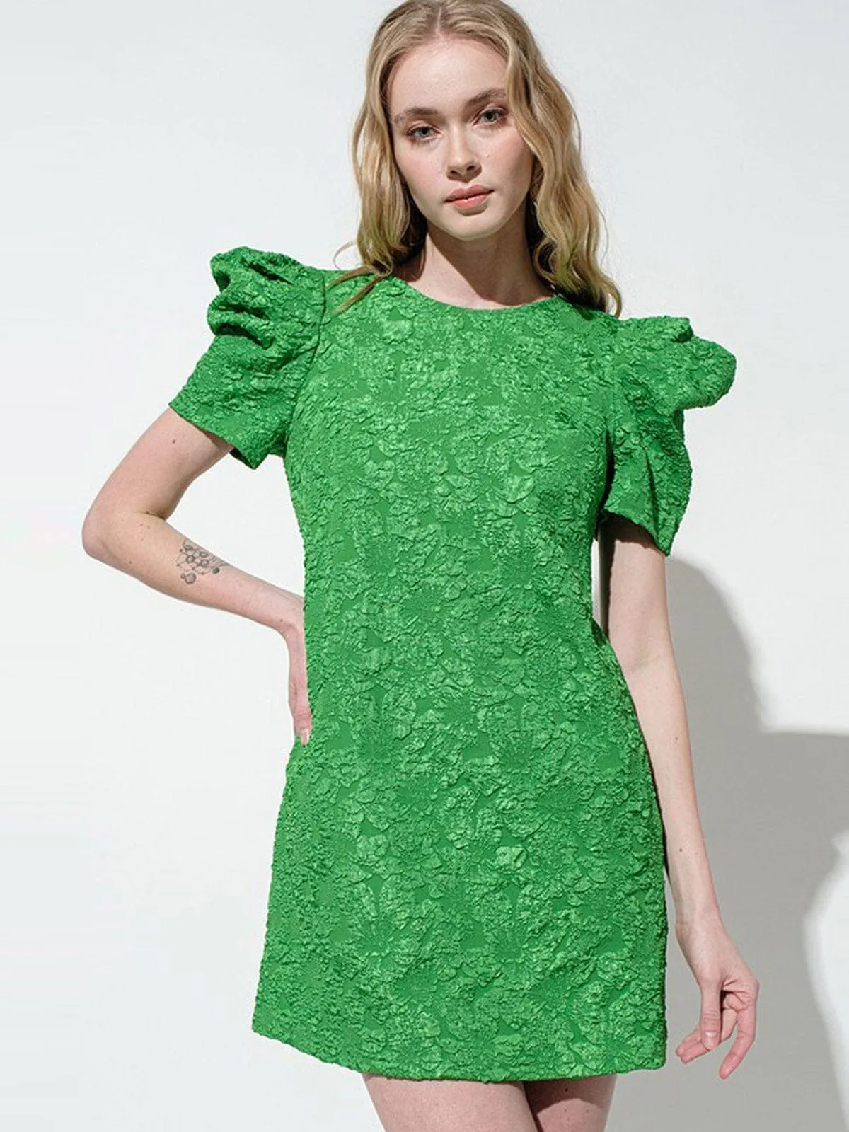 WOMEN'S SHORT PUFF SLEEVE DETAILED TUNIC MINI DRESS