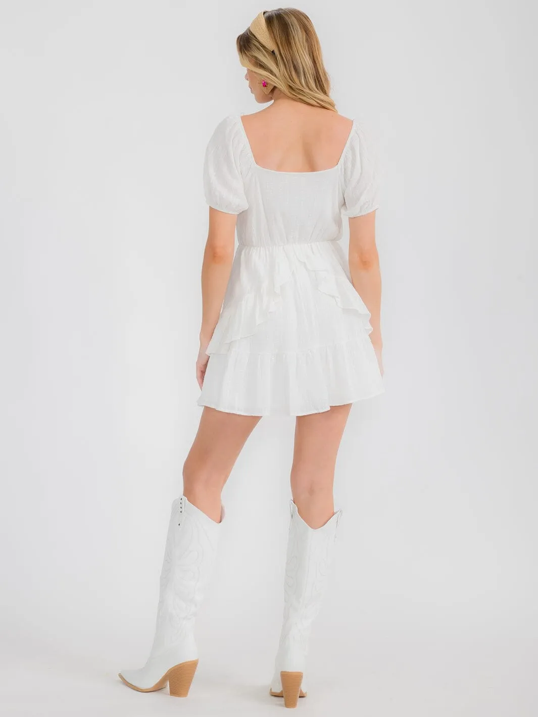 WOMEN'S SHORT PUFF SLEEVE RUFFLE DETAILED MINI DRESS