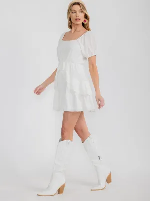 WOMEN'S SHORT PUFF SLEEVE RUFFLE DETAILED MINI DRESS