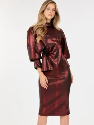 WOMEN'S SHORT PUFF SLEEVE SHIMMER FRONT DETAILED MIDI DRESS
