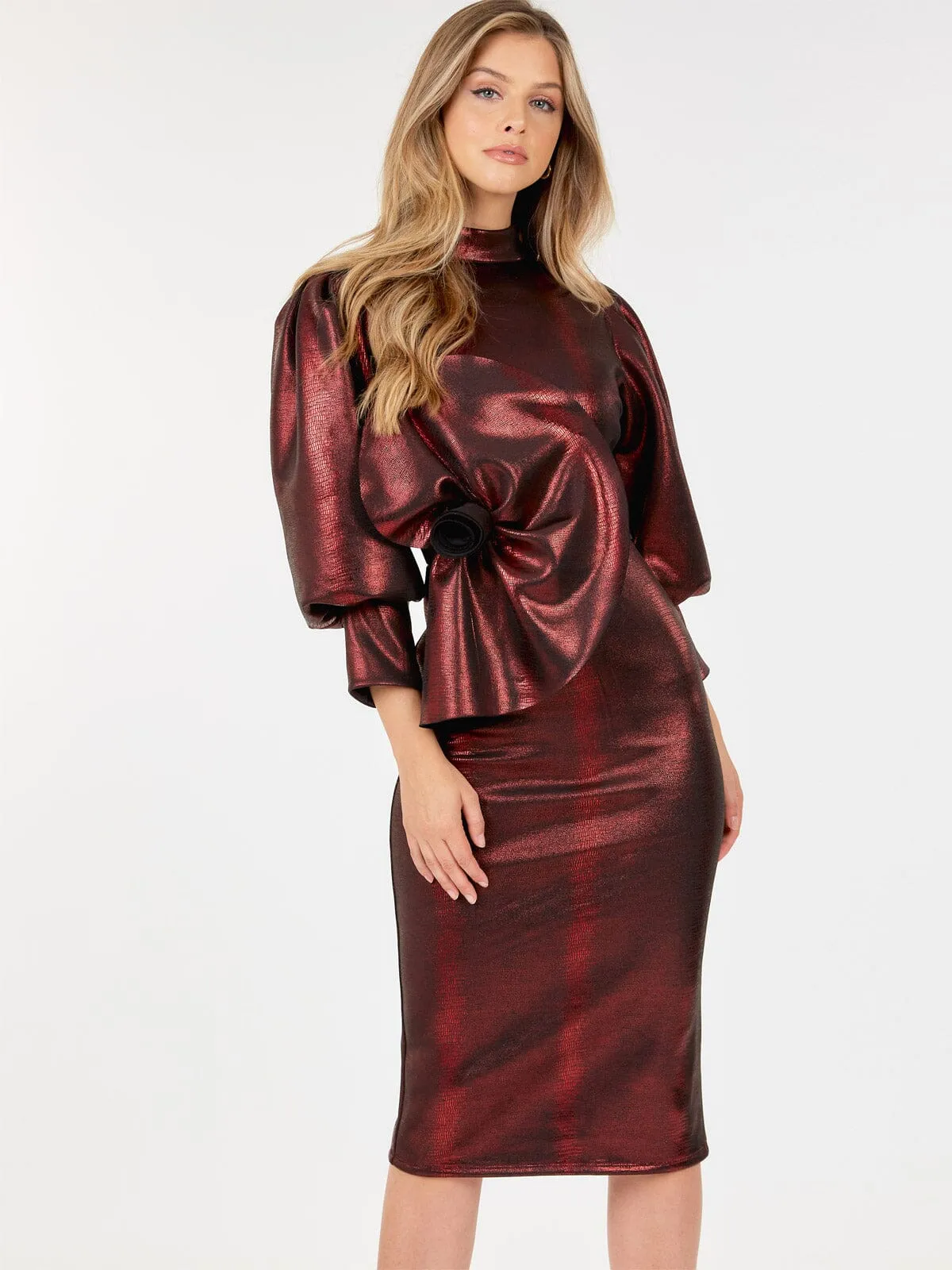 WOMEN'S SHORT PUFF SLEEVE SHIMMER FRONT DETAILED MIDI DRESS