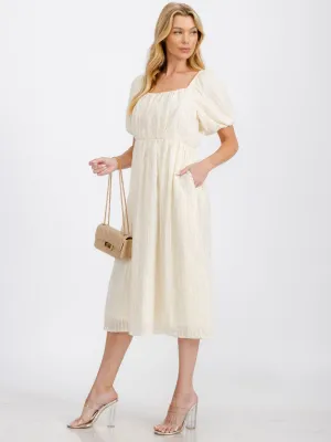 WOMEN'S SHORT PUFF SLEEVE SQUARE NECK POCKETS DETAILED MAXI DRESS