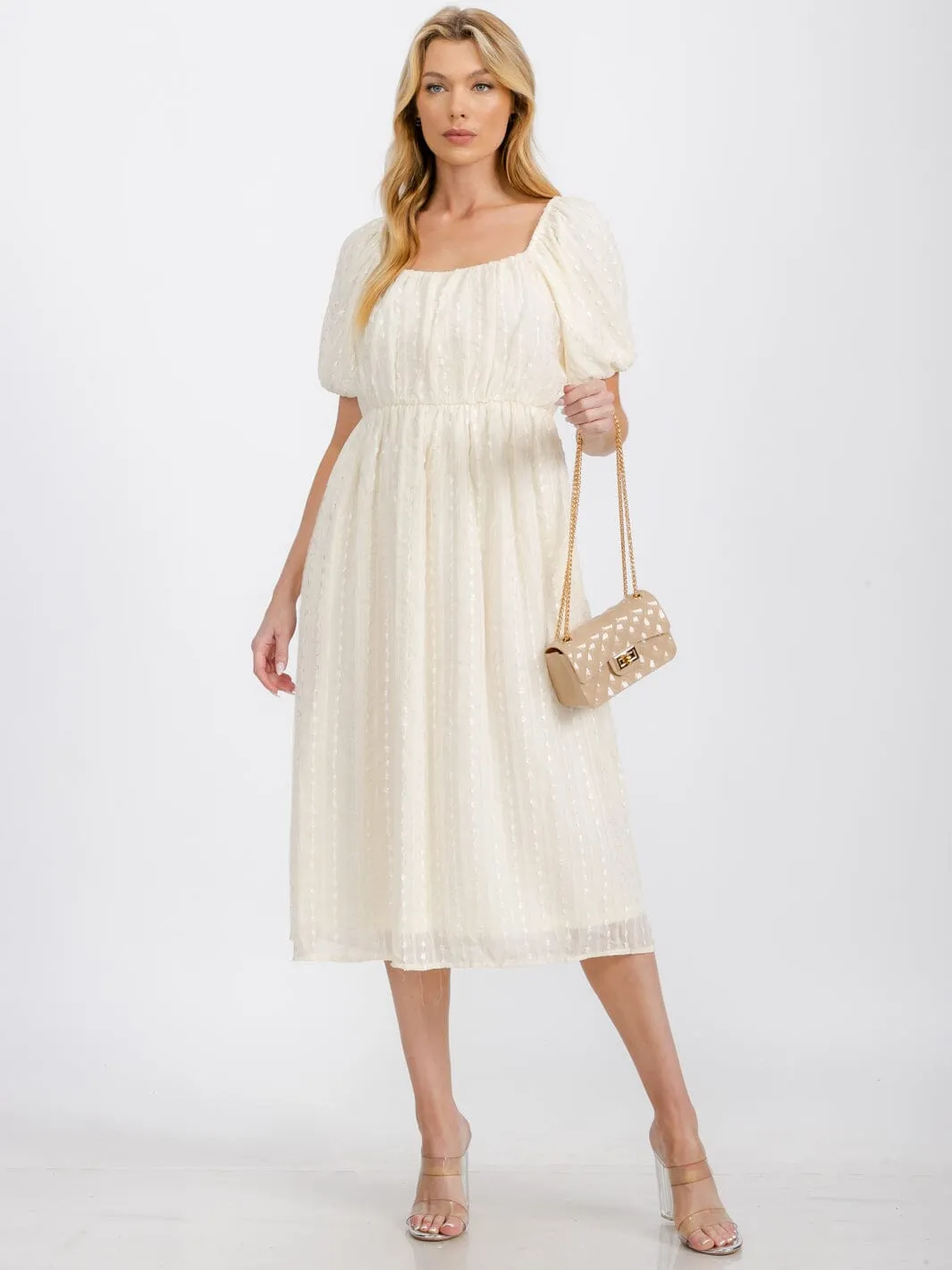 WOMEN'S SHORT PUFF SLEEVE SQUARE NECK POCKETS DETAILED MAXI DRESS