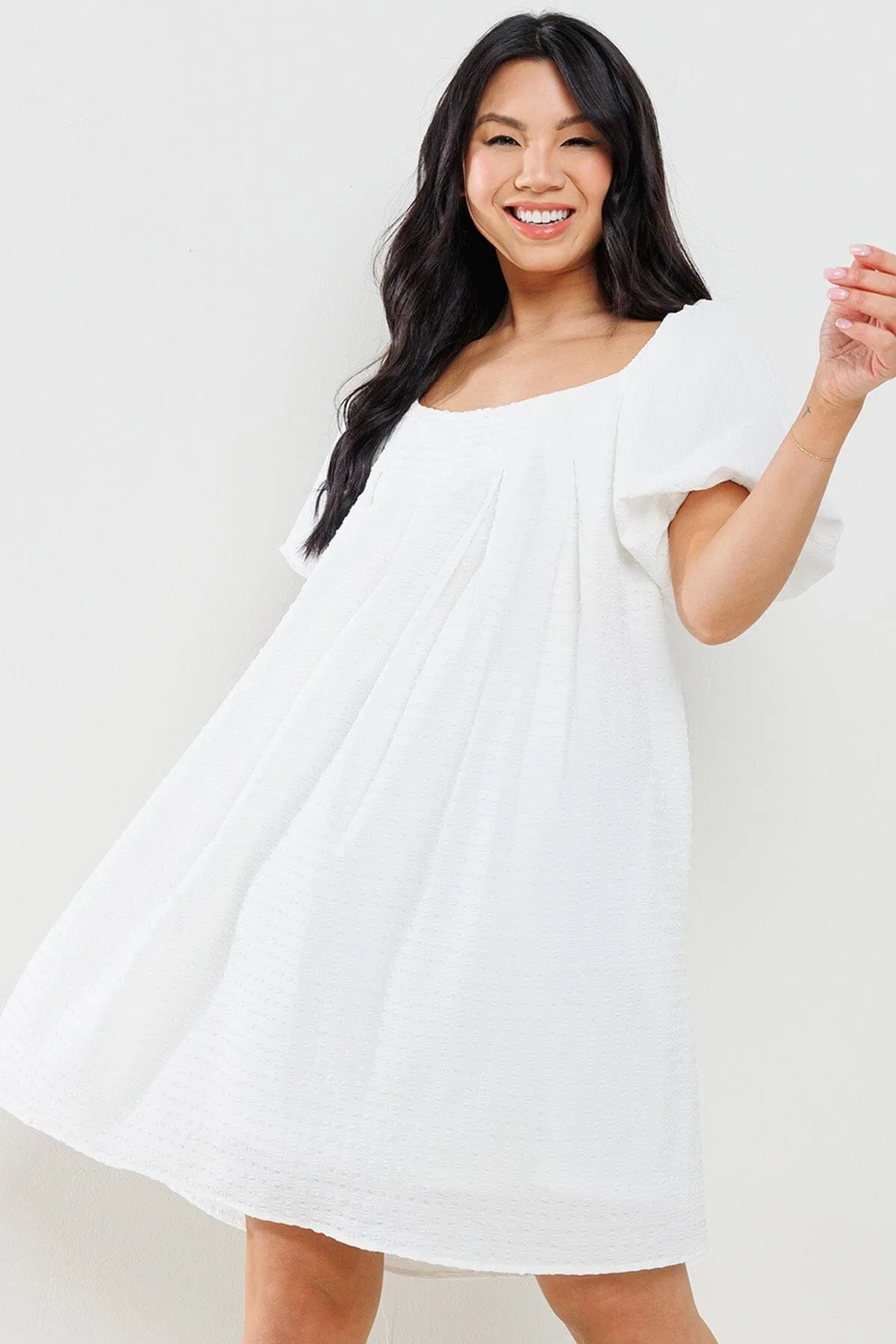 WOMEN'S SHORT PUFF SLEEVES  DETAILED POCKETS TUNIC MINI DRESS