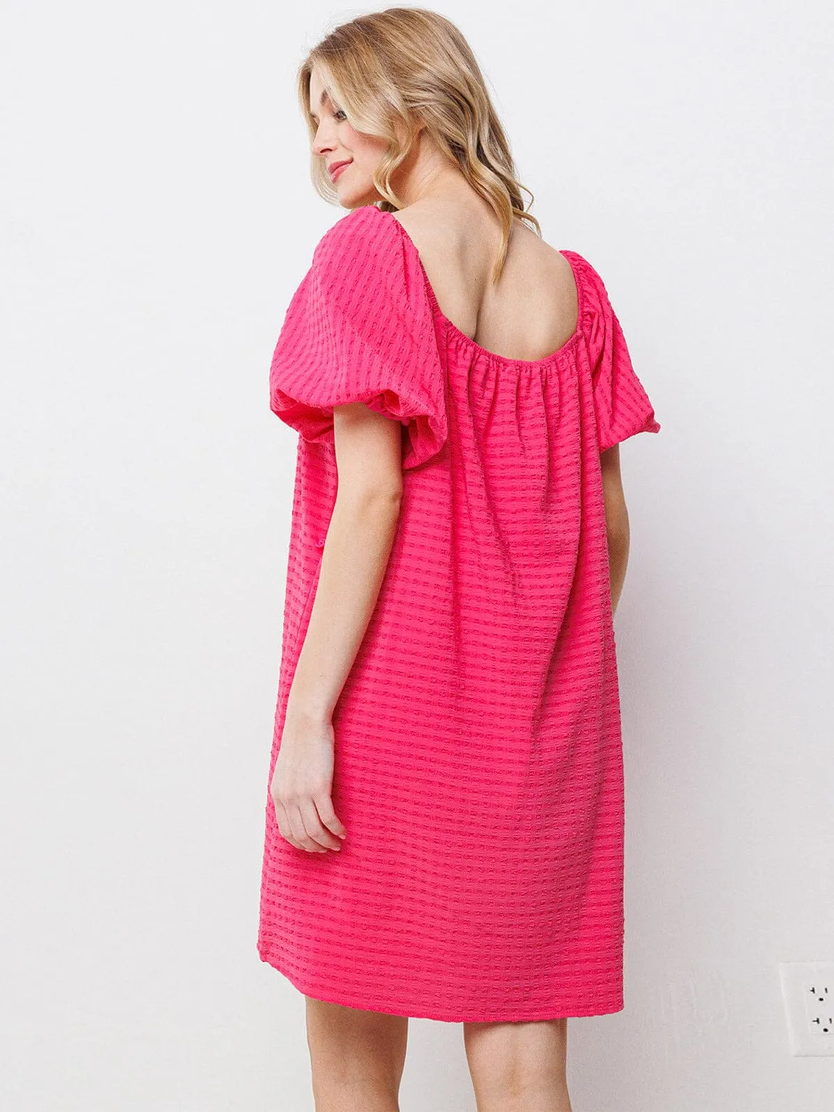WOMEN'S SHORT PUFF SLEEVES  DETAILED POCKETS TUNIC MINI DRESS
