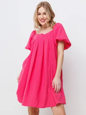 WOMEN'S SHORT PUFF SLEEVES  DETAILED POCKETS TUNIC MINI DRESS