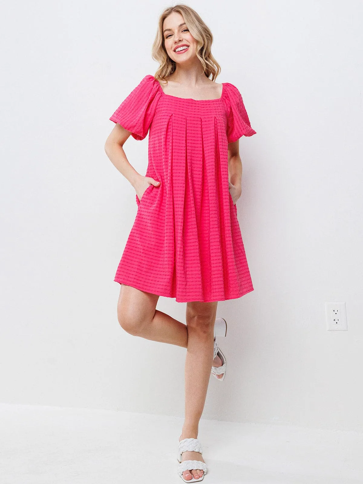 WOMEN'S SHORT PUFF SLEEVES  DETAILED POCKETS TUNIC MINI DRESS