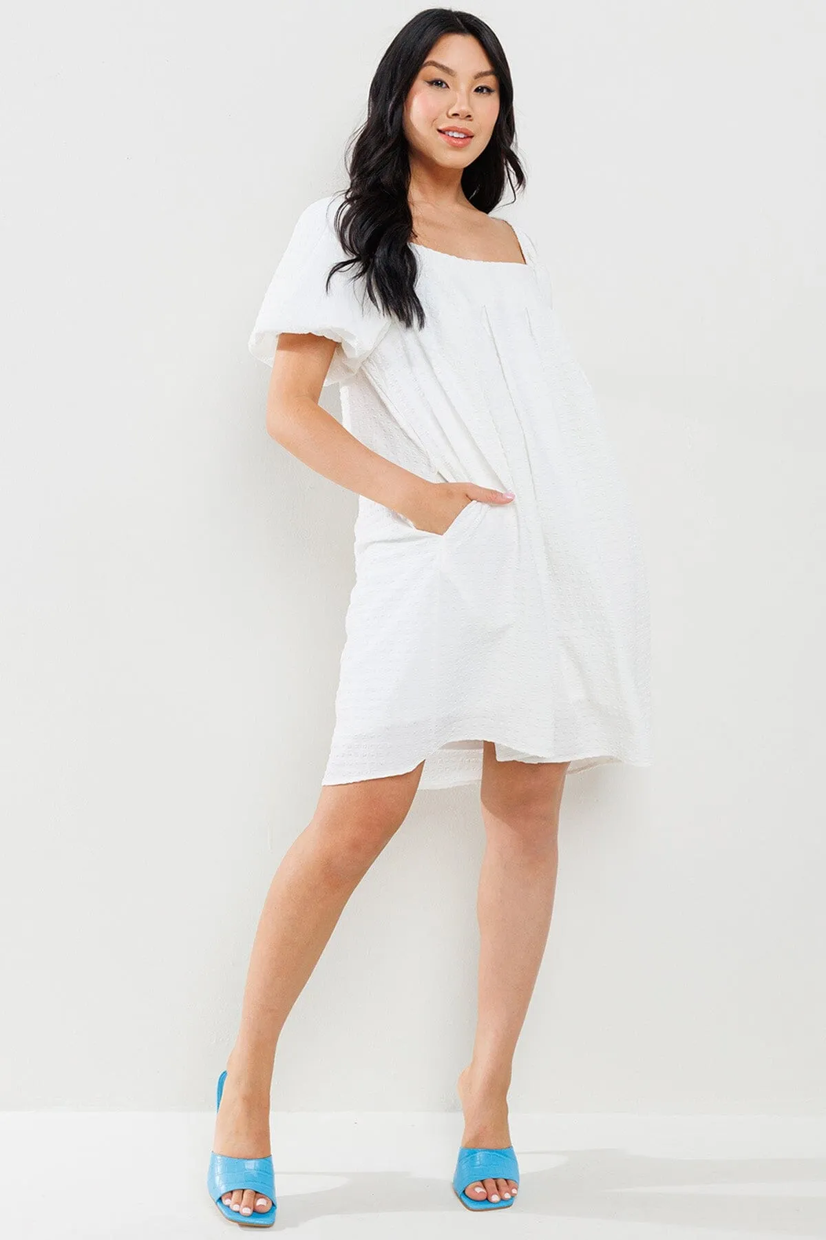 WOMEN'S SHORT PUFF SLEEVES  DETAILED POCKETS TUNIC MINI DRESS
