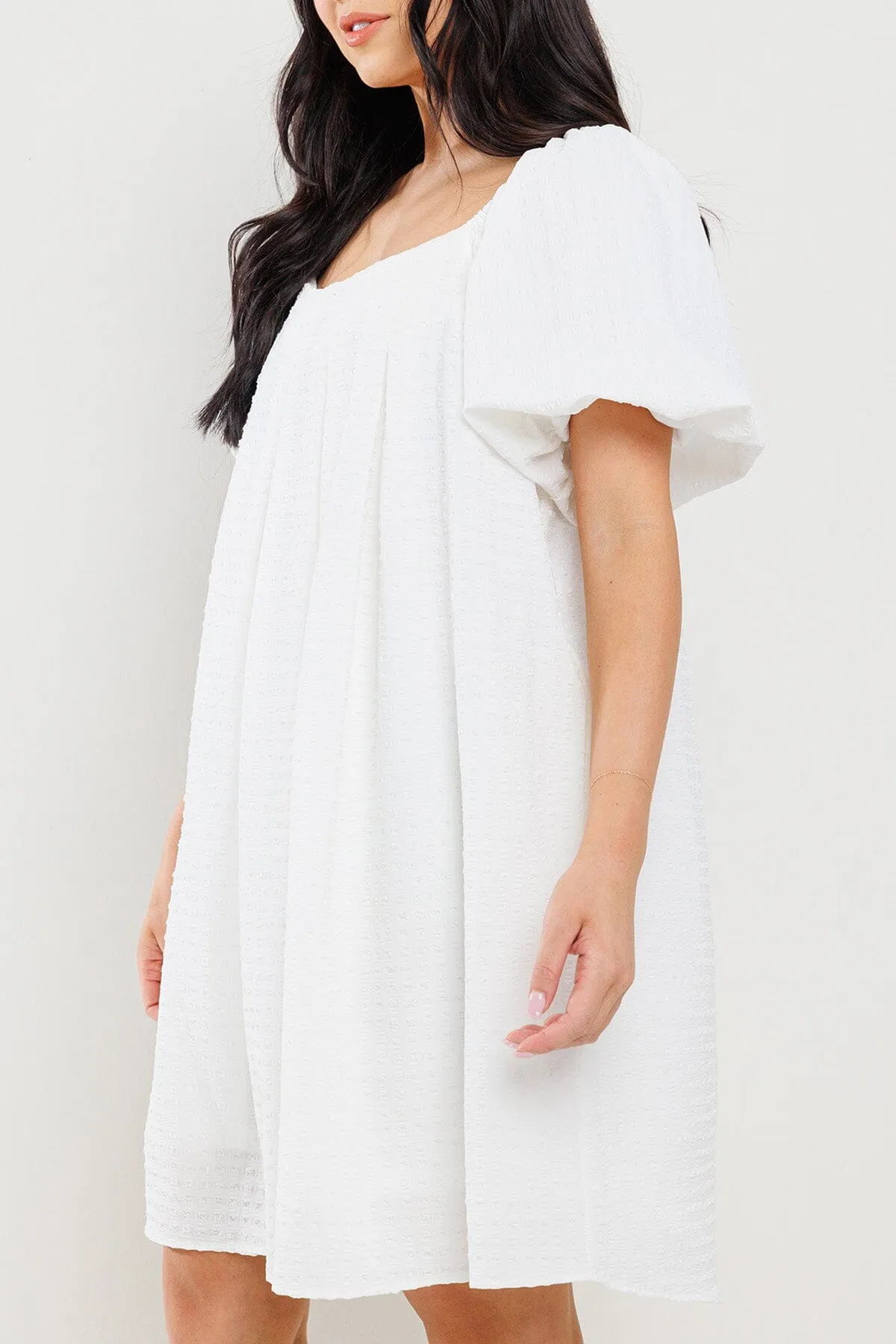WOMEN'S SHORT PUFF SLEEVES  DETAILED POCKETS TUNIC MINI DRESS