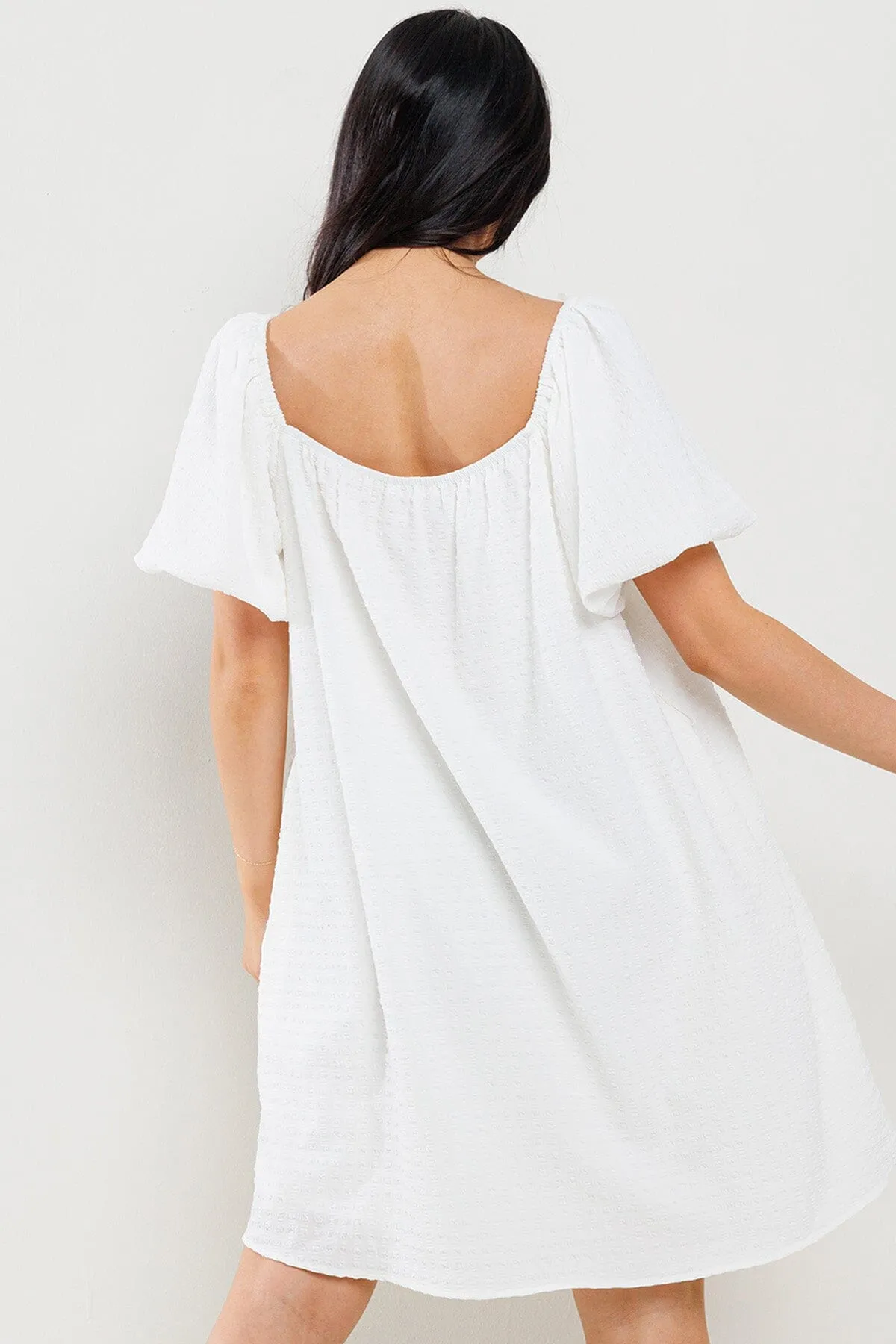 WOMEN'S SHORT PUFF SLEEVES  DETAILED POCKETS TUNIC MINI DRESS