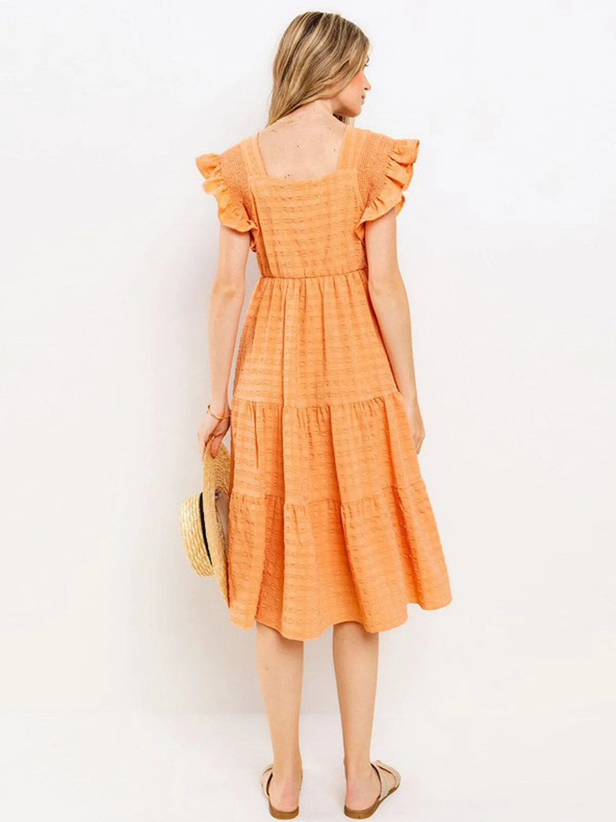 WOMEN'S SHORT RUFFLE SLEEVE SQUARE NECK TIERED MIDI DRESS