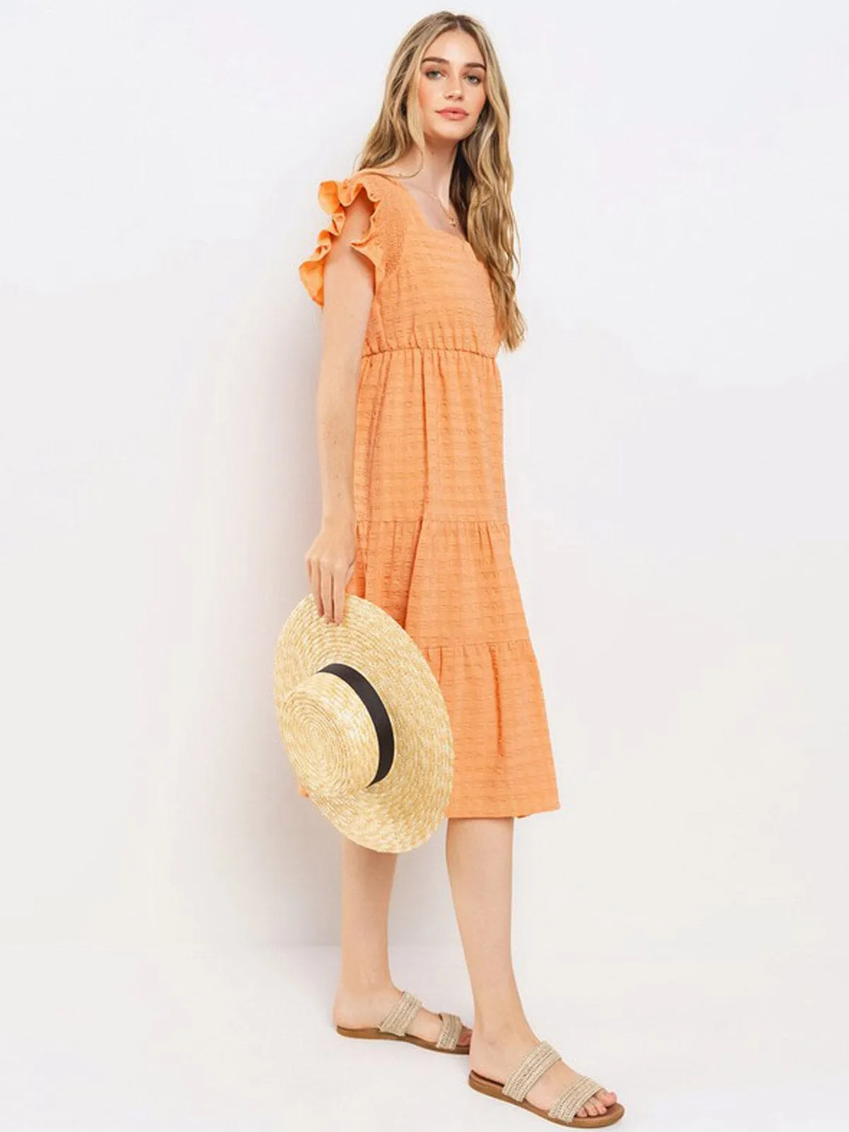 WOMEN'S SHORT RUFFLE SLEEVE SQUARE NECK TIERED MIDI DRESS