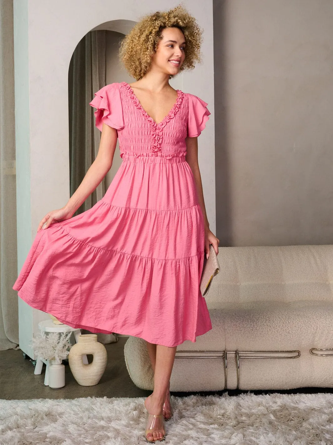 WOMEN'S SHORT RUFFLE SLEEVE V-NECK BACK CUT OUT TIERED MIDI DRESS