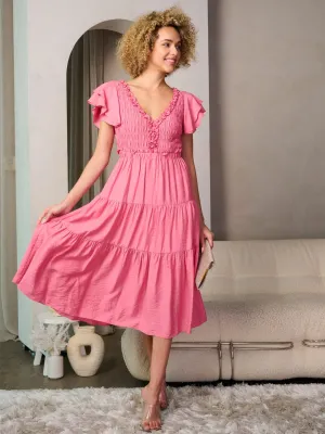 WOMEN'S SHORT RUFFLE SLEEVE V-NECK BACK CUT OUT TIERED MIDI DRESS