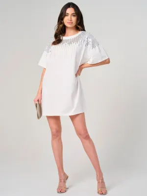 WOMEN'S SHORT SLEEVE SEQUINS DETAILED MINI DRESS