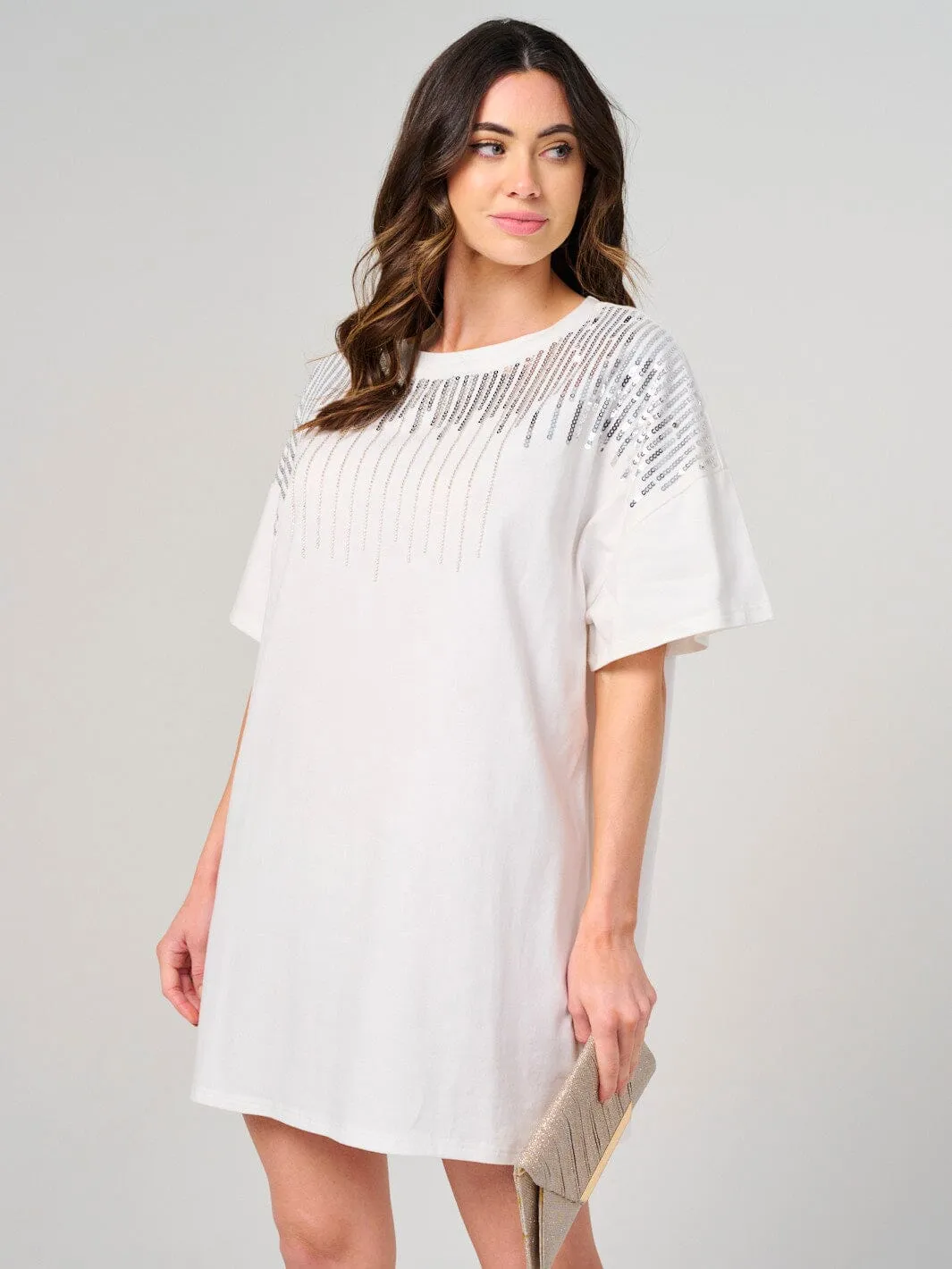 WOMEN'S SHORT SLEEVE SEQUINS DETAILED MINI DRESS