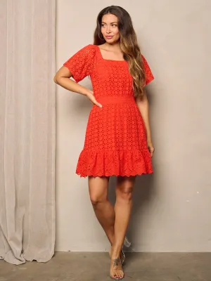 WOMEN'S SHORT SLEEVE SQUARE NECK EYELET DETAILED MINI DRESS