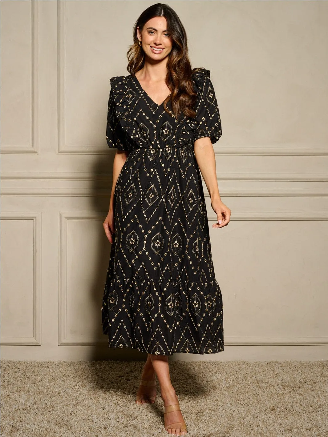 WOMEN'S SHORT SLEEVE V-NECK ELASTIC WAIST DETAILED MAXI DRESS