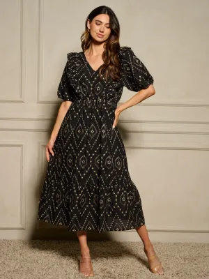 WOMEN'S SHORT SLEEVE V-NECK ELASTIC WAIST DETAILED MAXI DRESS