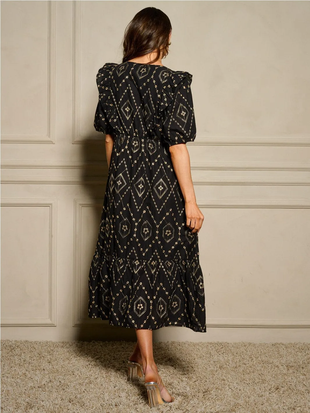 WOMEN'S SHORT SLEEVE V-NECK ELASTIC WAIST DETAILED MAXI DRESS