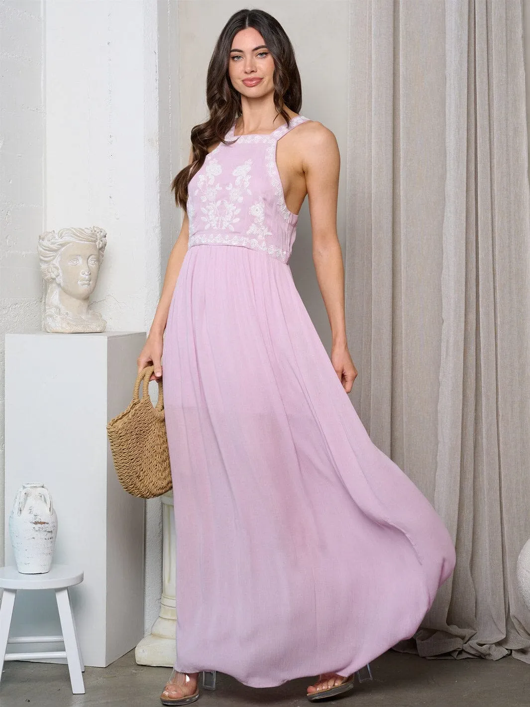 WOMEN'S SLEEVELESS FLORAL DETAILED MAXI DRESS