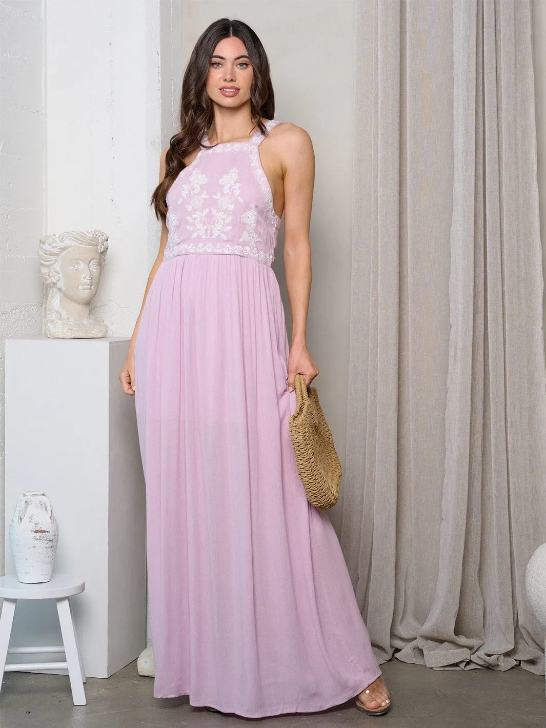 WOMEN'S SLEEVELESS FLORAL DETAILED MAXI DRESS